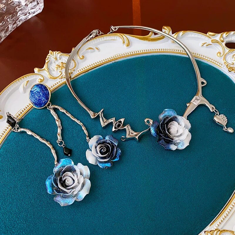 FYUAN Korean Stylea balta mėlyna akrilo gėlės karoliai auskarai moterims asimetrija auskarai vestuvėms banketams papuošalų rinkiniai