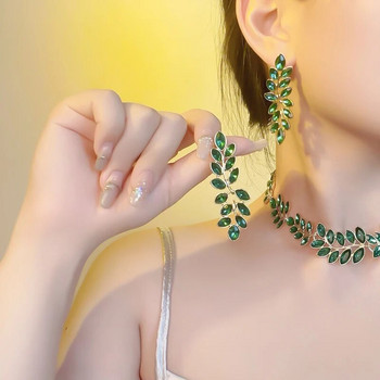 FYUAN Σκουλαρίκια κολιέ με φύλλα πολυτελείας Γυναικεία Πράσινα κρυστάλλινα σκουλαρίκια Σετ κοσμημάτων γάμου για δεξιώσεις