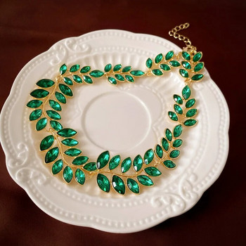 FYUAN Луксозни обеци с огърлица от листа за жени Зелени кристални обеци Сватби Банкетни комплекти бижута