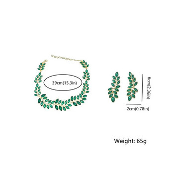 FYUAN Луксозни обеци с огърлица от листа за жени Зелени кристални обеци Сватби Банкетни комплекти бижута