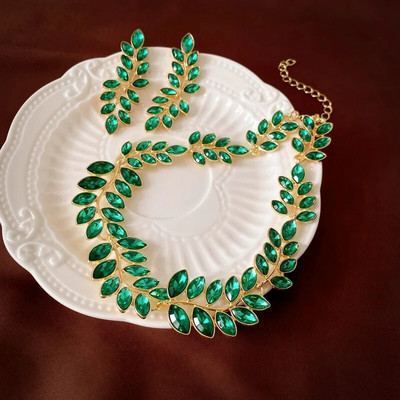 FYUAN Luxury Leaf kaelakee kõrvarõngad naistele Rohelised kristallist kõrvarõngad pulmapidude ehete komplektid