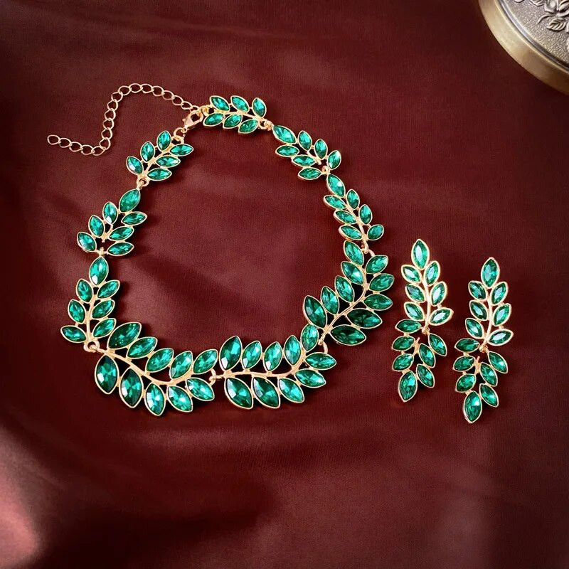FYUAN Luxury Leaf kaelakee kõrvarõngad naistele Rohelised kristallist kõrvarõngad pulmapidude ehete komplektid