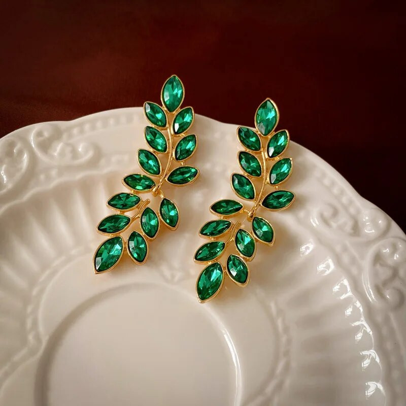 FYUAN Luxury Leaf kaelakee kõrvarõngad naistele Rohelised kristallist kõrvarõngad pulmapidude ehete komplektid