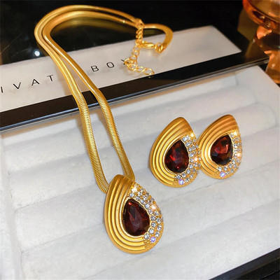 FYUAN Vintage stil Zlatni lanac Ogrlica Naušnice Ženske kapljice vode Kristalne naušnice Kompleti nakita za vjenčanje mladenke