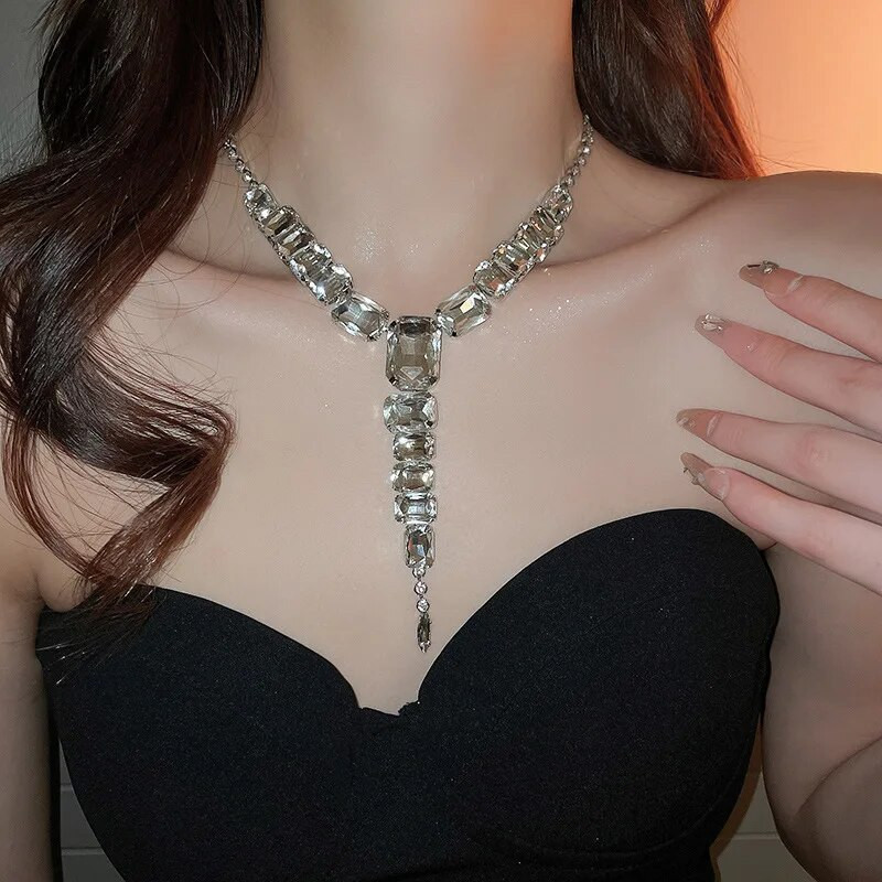 FYUAN Prabangūs kvadratiniai krištolo karoliai auskarai moterims Ilgi auskarai Vestuvinės nuotakos papuošalų rinkiniai