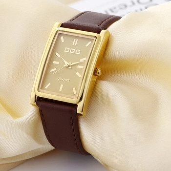 Нова луксозна марка DQG правоъгълен кварцов часовник с кожена каишка Дамски прости часовници за бизнес рокля Часовник със златен циферблат Часовник Гореща разпродажба