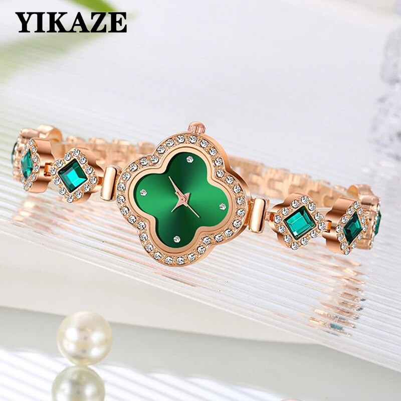 YIKAZE Γυναικείο ρολόι Diamond πράσινο Γυναικείο ρολόι χαλαζία Αδιάβροχο λουλούδι ρετρό ατσάλι βραχιόλι Ρολόι Γυναικείο ρολόι χειρός για κορίτσια