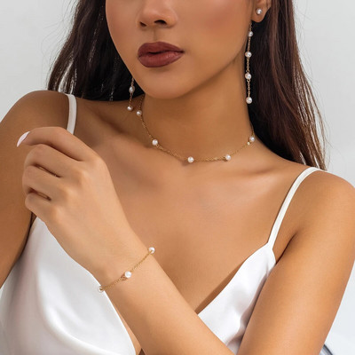 Korea moe imitatsioonist pärlikett kaelakee käevõru rippkõrvarõngad naistele tüdrukutele armas augustamine kõrvarõngas pulma ehete komplekt