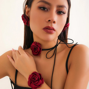 Ρομαντικό Kpop Μεγάλο τριαντάφυλλο λουλούδι κολιέ με αλυσίδα κλείδας βραχιόλι καρφωτά σκουλαρίκια Γυναικεία Goth Ρυθμιζόμενο σχοινί Choker Y2K Σετ κοσμημάτων