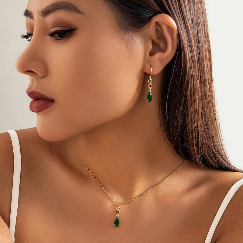 Εξαιρετικό κολιέ τσόκερ με κρεμαστό κρύσταλλο γυναικείο γεωμετρικό πράσινο ζιργκόν Kpop Γυναικεία Σκουλαρίκια Goth Drop Αξεσουάρ Σετ κοσμημάτων Wed