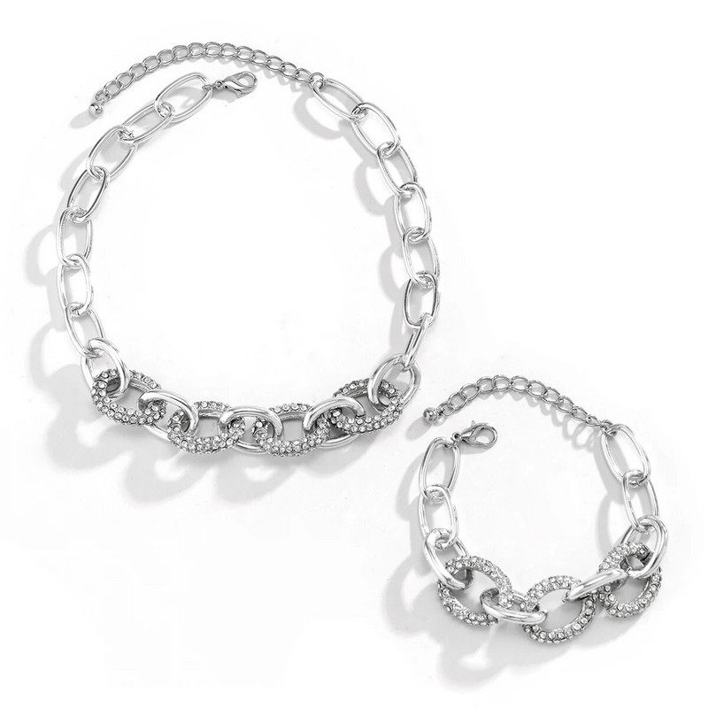 2 τμχ Πολυτελές Punk Ασημί Χρώμα Iced Out Κολιέ με αλυσίδα από στρας Γυναικείο βραχιόλι Goth Chunky Choker Steampunk Grunge Σετ κοσμημάτων