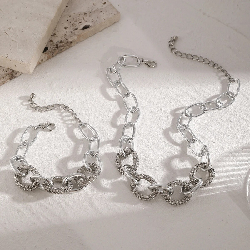 2 τμχ Πολυτελές Punk Ασημί Χρώμα Iced Out Κολιέ με αλυσίδα από στρας Γυναικείο βραχιόλι Goth Chunky Choker Steampunk Grunge Σετ κοσμημάτων