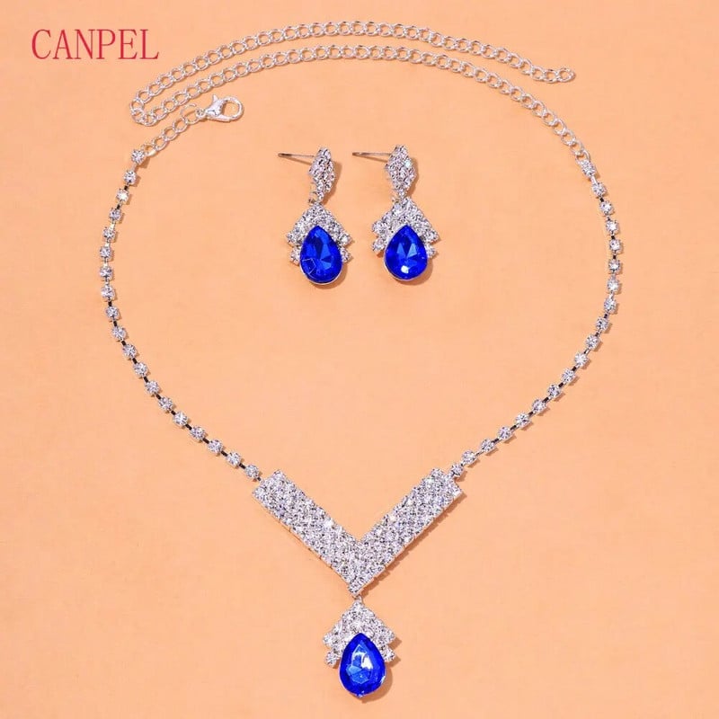 Luksuslik hõbedase värvi sulamist kivist pisarkõrvarõnga kaelakee komplektid elegantsed valge sinise kristallist kristallist pruudi ehete komplekt naistele