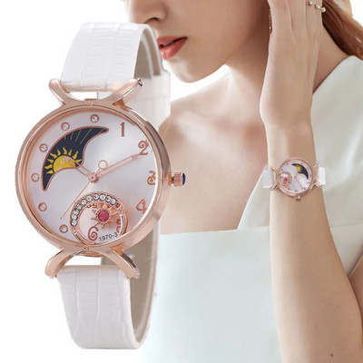 Елегантни часовници Moon с диаманти Дамски модни луксозни кварцови ръчни часовници Ежедневни женски кожени часовници Creative Montre Femme