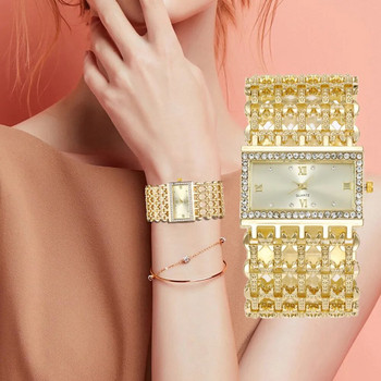 Луксозни модни дамски часовници Блестящи дизайнерски качества на циферблата Дамски кварцови ръчни часовници Диамантена квадратна женска алуминиева гривна Часовник