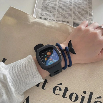 Модни квадратни кварцови астронавтски циферблат Ежедневни ръчни часовници с гумена каишка Моден часовник Водоустойчив ръчен часовник за жени