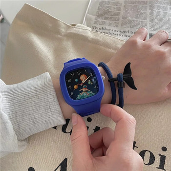 Модни квадратни кварцови астронавтски циферблат Ежедневни ръчни часовници с гумена каишка Моден часовник Водоустойчив ръчен часовник за жени