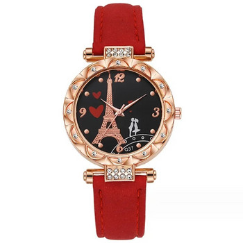 Дамски часовници Моден луксозен часовник Crystal Paris Eiffel Tower Кожена каишка Дамски кварцов ръчен часовник Ежедневен дамски часовник