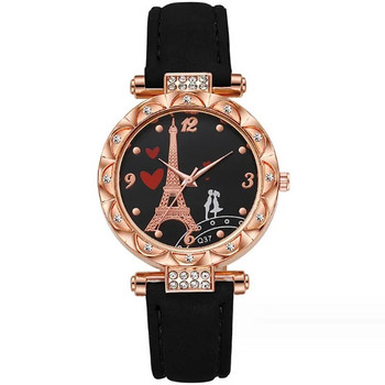 Дамски часовници Моден луксозен часовник Crystal Paris Eiffel Tower Кожена каишка Дамски кварцов ръчен часовник Ежедневен дамски часовник