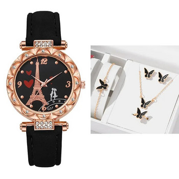 Γυναικεία ρολόγια Fashion Luxury Crystal Paris Eiffel Tower Δερμάτινο λουράκι Γυναικείο ρολόι χειρός Quartz Casual γυναικείο ρολόι