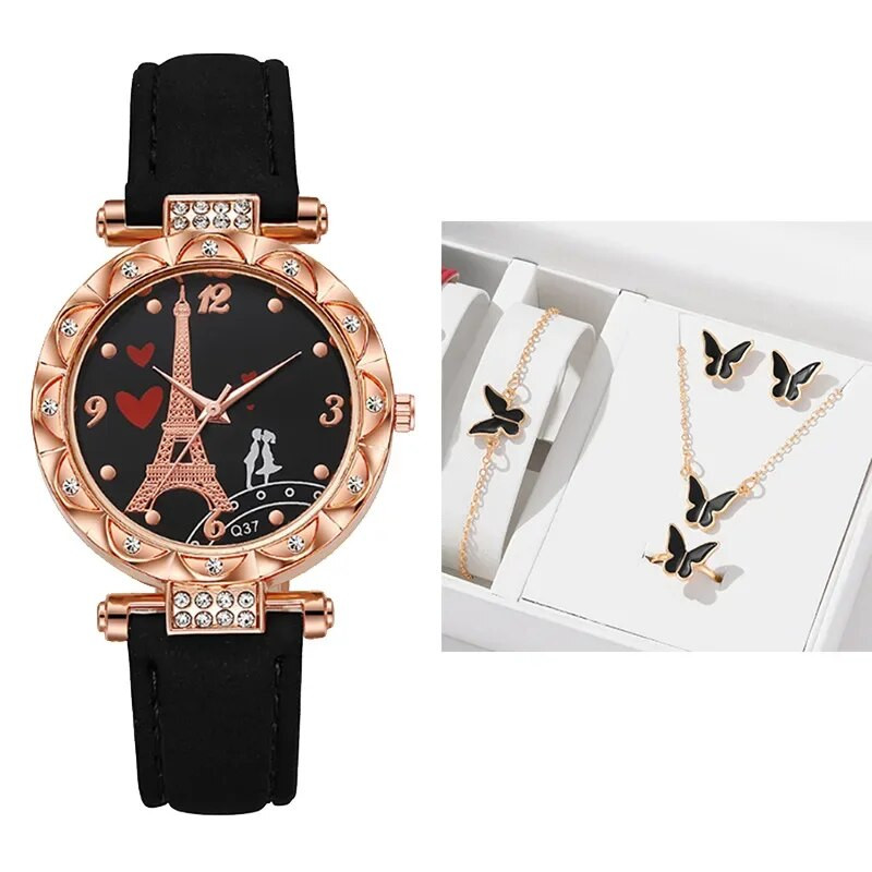 Naiste käekellad Mood Luksuslik Pariisi kristallist Eiffeli torni käekell Nahkrihm Naiste kvartskäekell vabaaja naiste käekell