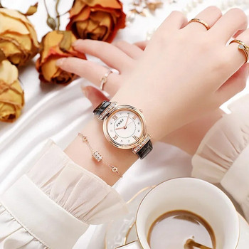 Модерни дамски часовници Моден луксозен кристален часовник Кожена каишка Дамски кварцов ръчен часовник Ежедневни дами Момичета Бижута Подаръци