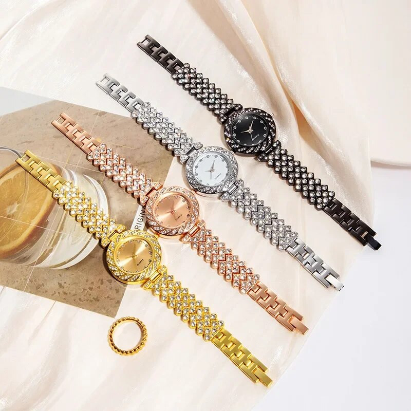 Πολυτελή γυναικεία ρολόγια διαμαντιών Hip hop βραχιόλι Γυναικείο ρολόι χαλαζία Ροζ χρυσό Γυναικείο ρολόι χειρός Shiny Crystal Reloj Mujer Montre