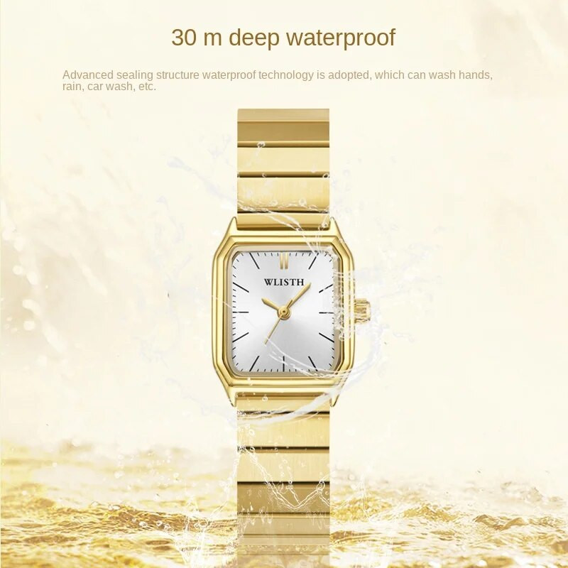 Sieviešu luksusa biznesa kvarca pulksteņa kvadrātveida unikāls ciparnīcas nerūsējošā tērauda rokas pulkstenis sievietēm ar zelta rokassprādzi.