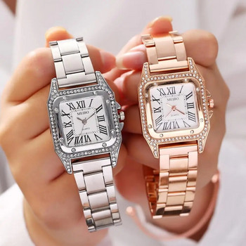 Луксозни дамски часовници Минималистичен квадратен циферблат с лента от неръждаема стомана Кварцов ръчен часовник Диамантени дамски часовници Relogio Feminino