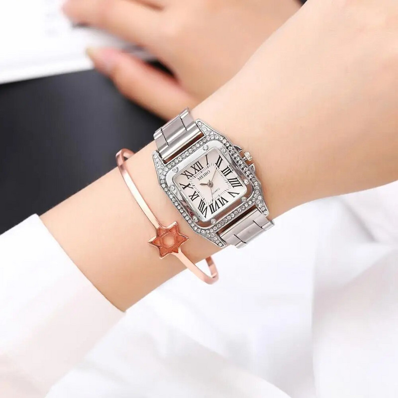 Luksuslikud naiste käekellad Minimalistlikud ruudukujulised sihverplaadiga roostevabast terasest riba kvartsist randmekell Teemant naiste käekellad Relogio Feminino