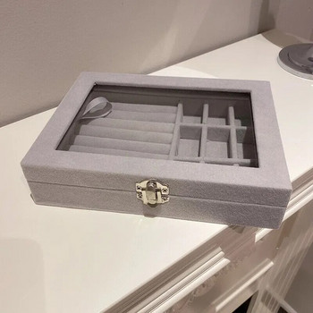 Сива кадифена стъклена кутия за бижута Колие Пръстен Обеца Дисплей за бижута Организатор Кутия Поставка за тава Калъф за съхранение на бижута Преносим