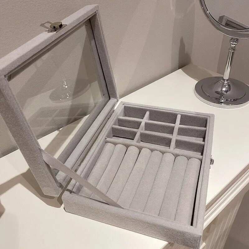 Γκρι βελούδινο γυάλινο κουτί κοσμημάτων Κολιέ Δαχτυλίδι Σκουλαρίκι Κοσμήματα Οργάνωση Οθόνη Κουτί Δίσκος Θήκη Θήκη αποθήκευσης κοσμημάτων Φορητή