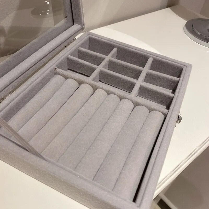 Γκρι βελούδινο γυάλινο κουτί κοσμημάτων Κολιέ Δαχτυλίδι Σκουλαρίκι Κοσμήματα Οργάνωση Οθόνη Κουτί Δίσκος Θήκη Θήκη αποθήκευσης κοσμημάτων Φορητή