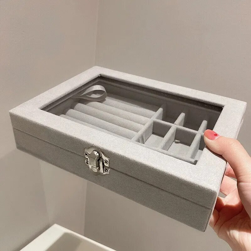 Γκρι βελούδινο γυάλινο κουτί κοσμημάτων Κολιέ Δαχτυλίδι Σκουλαρίκι Κοσμήματα Οργάνωση Οθόνη Κουτί Δίσκος Θήκη Θήκη αποθήκευσης κοσμημάτων Φορητή