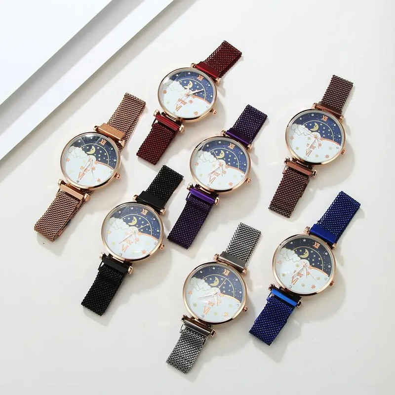 2023. aasta uus mood Päikesekuu Star numbrilauaga naiste käekellad Naiste kellad originaalse disainiga vabaaja kingitused magnetrihmaga käekellad