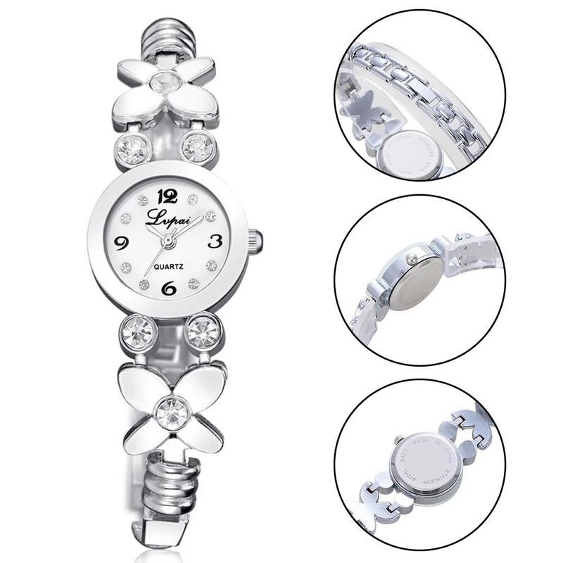 Sieviešu kvarca pulkstenis ar ziedu Rhinestone analogo kvarca rokas pulksteni Elegants izcili dekoratīvs rhinestone digitālais aproces pulkstenis