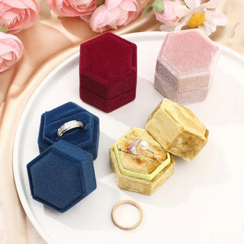 Βελούδινο κοσμηματοπωλείο σε σχήμα εξάγωνου Κουτί αποθήκευσης με διπλό δαχτυλίδι Γυναικεία σκουλαρίκια δώρου Συσκευασία θήκη Βέρας γάμου Κουτί συσκευασίας