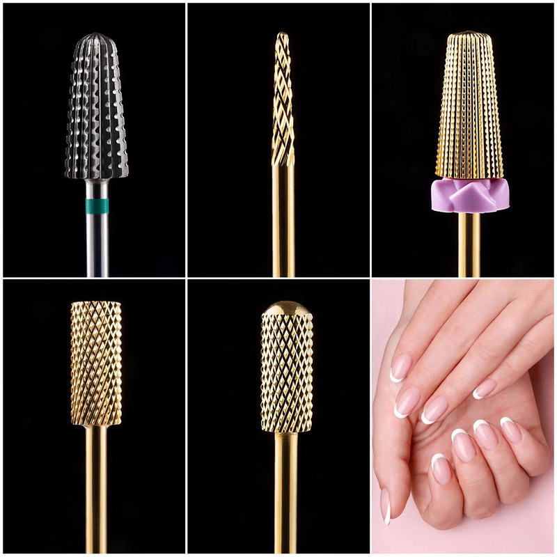 Volframkarbiidist küünepuuriotsakud küünepuuri jaoks 3/32-tollised küünelihvija näpunäited akrüülgeelküünte jaoks Kodusalong Küünehooldusvahendid Kuld