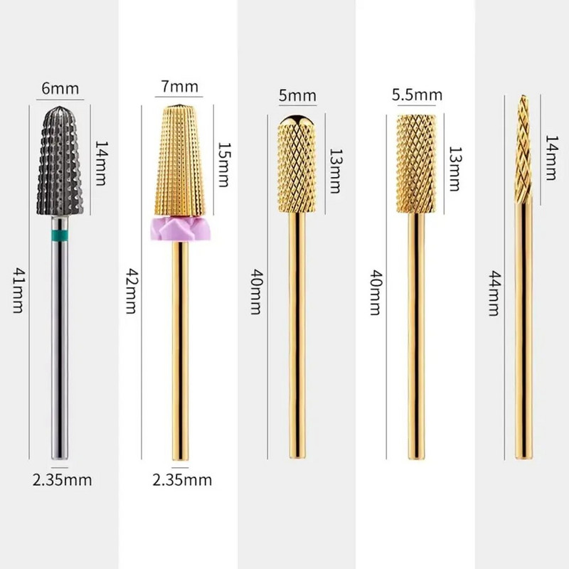 Volframkarbiidist küünepuuriotsakud küünepuuri jaoks 3/32-tollised küünelihvija näpunäited akrüülgeelküünte jaoks Kodusalong Küünehooldusvahendid Kuld