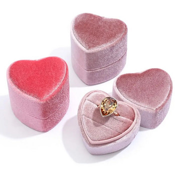 Изящна кадифена кутия с двоен пръстен със сърце/кръгла форма Кутия за годежен пръстен с подвижен капак Кутия за пръстени Подарък Кутия за бижута