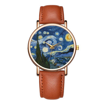 Нов моден дамски часовник Топ марка Van Gogh\'s Starry Sky Мъжки часовници с кожена каишка Кварцов часовник Подарък за двойка Reloj Mujer Hombre