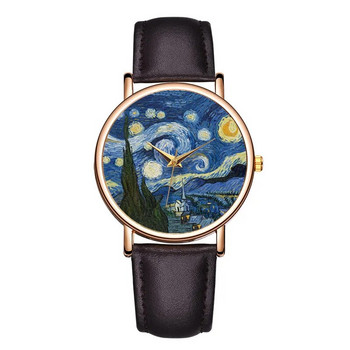 Νέο Γυναικείο ρολόι μόδας Κορυφαία μάρκα Van Gogh\'s Starry Sky Ανδρικά ρολόγια Δερμάτινο λουράκι Quartz Ρολόι Ζευγάρι Reloj Mujer Hombre