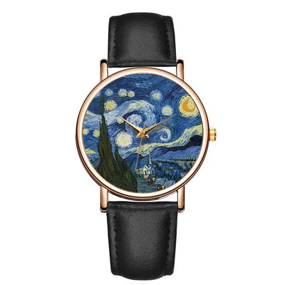 Нов моден дамски часовник Топ марка Van Gogh`s Starry Sky Мъжки часовници с кожена каишка Кварцов часовник Подарък за двойка Reloj Mujer Hombre