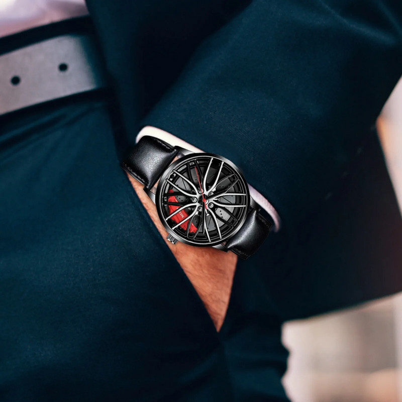 Automobiliniai vyriški laikrodžiai, vandeniui atsparus nerūdijančio plieno kvarcinis rankinis laikrodis Sportiniai vyriški laikrodžiai su automobilio rato ratlankio stebulės dizainu часы женски