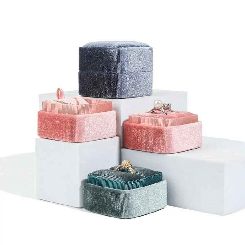 Cutie cu inele dublă din catifea rafinată Cutie pentru verighetă cu capac detașabil Cutie de afișare pentru inele de logodnă de nuntă Cutie de bijuterii cadou