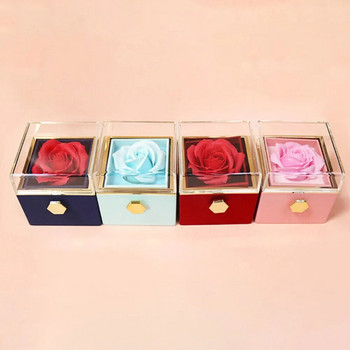 Елегантна роза Въртяща се кутия за пръстени за бижута Свети Валентин Подарък за сватбено тържество Креативна огърлица Калъф за съхранение с подаръчна торбичка