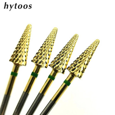 HYTOOS Gold Carbide Nail Drill Bit 3/32" Cone Milling Cutter For Manicure Rotary Tungsten Carbide Burr Drill Accessories Tool