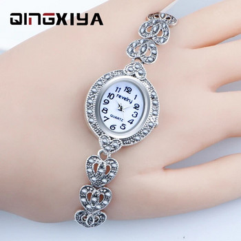 Марка QINGXIYA Луксозни дамски часовници с гривна от сив кристал Модни дамски рокли Ръчен часовник Дамски античен сребърен кварцов часовник