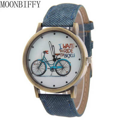 Нов моден велосипеден дамски часовник Jean Fabric Leather Strap Dress Дамски ежедневни кварцови часовници Relogio Feminino