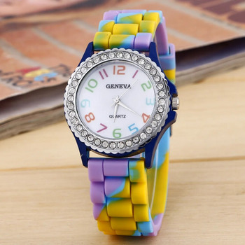 Модни дамски часовници Луксозен камуфлажен диамантен кварцов часовник Нова силиконова рокля Rainbow Дамски часовници Часовник за момичета Reloj